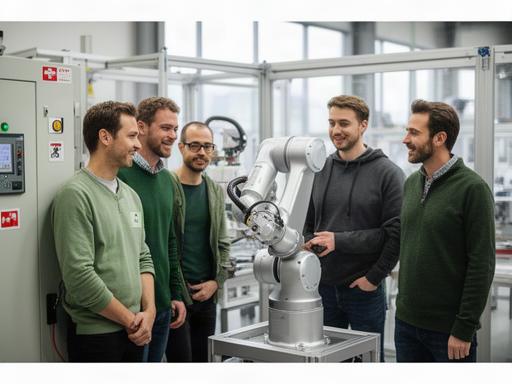 Das Team von Bauman Innovations GmbH vor einer kollaborativen Roboterzelle in La Grande-Béroche, Besprechung einer Automatisierungslösung